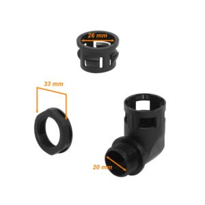 FLEP25-SC - 25mm Codo Salida Caja Prensa Estopa p/Conduit Flexible Plastico Negro