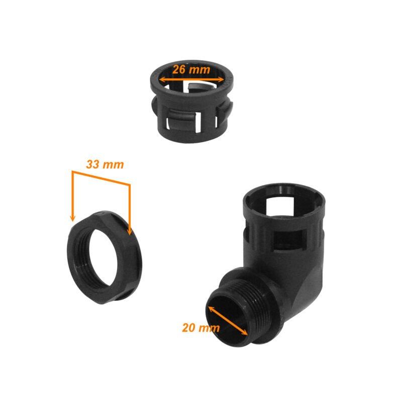 FLEP25-SC - 25mm Codo Salida Caja Prensa Estopa p/Conduit Flexible Plastico Negro