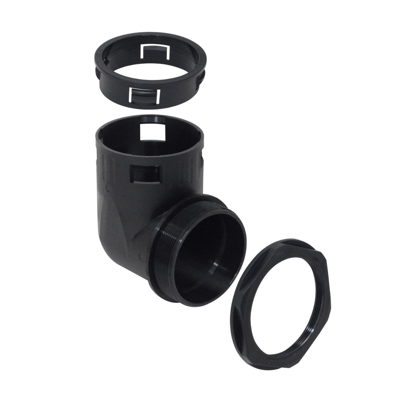 FLEP55-SC - 55mm Codo Salida Caja Prensa Estopa p/Conduit Flexible Plastico Negro