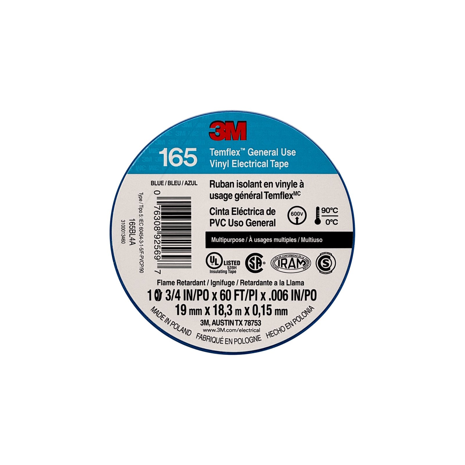 TEMFLEX-18A - 3M 18mt 165 Azul Huincha Cinta Aisladora PVC 19mm 0,15mm 600V 0-90ºC