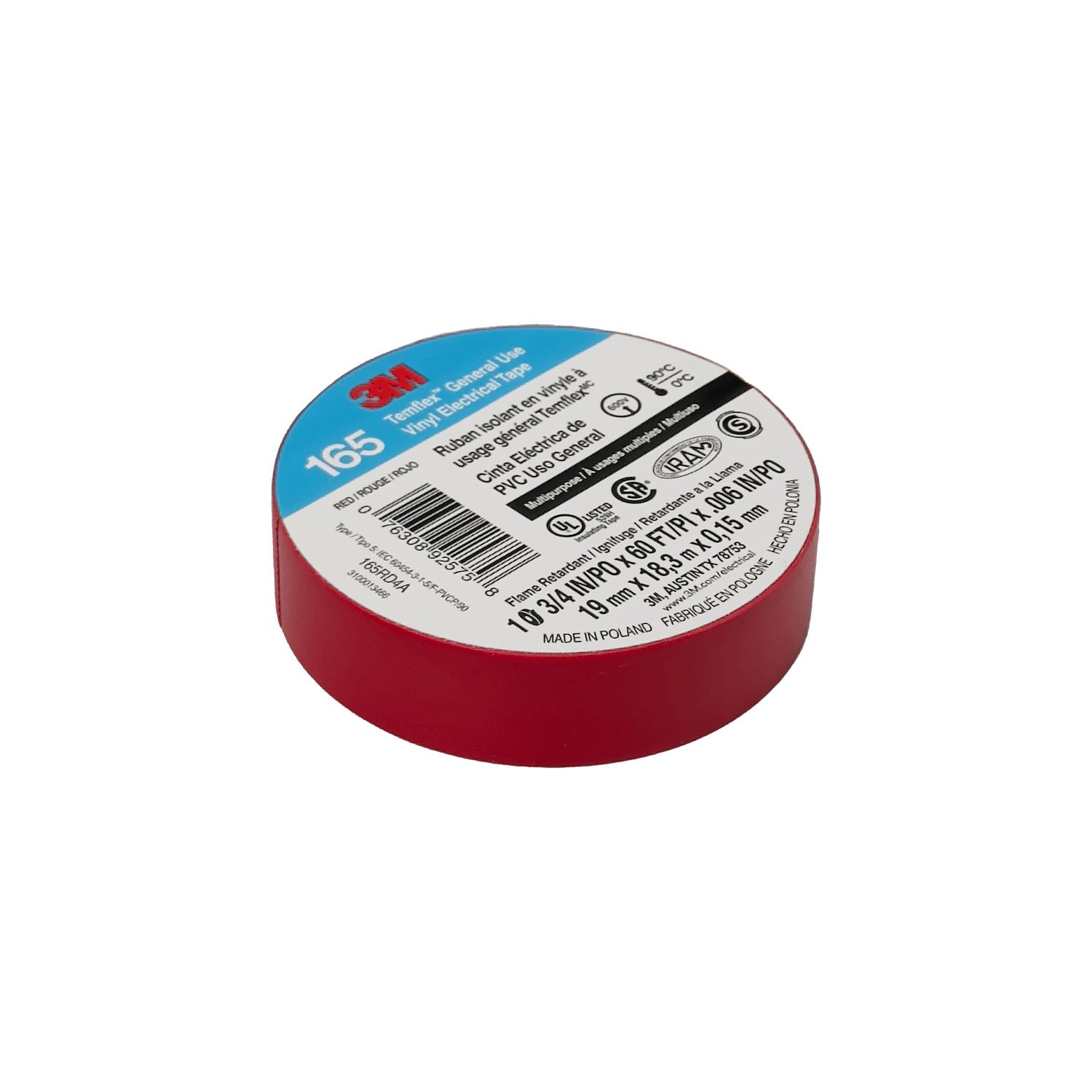 TEMFLEX-18R - 3M 18mt 165 Roja Huincha Cinta Aisladora PVC 19mm 0,15mm 600V 0-90ºC