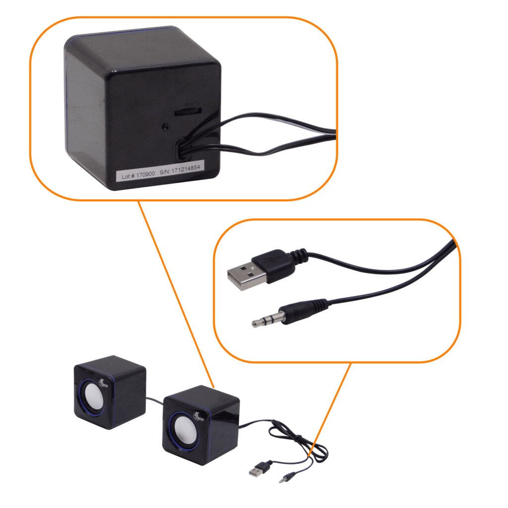 XTS-110 - XTECH Mini Parlantes2.0 5W req-USB-Power 3,5mm-M cable-90cm 7x7x7cm