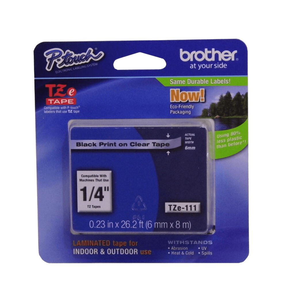 TZE-111 - BROTHER 6mm Negro en Fondo Transparente Cinta 8mt p/PT-H110/D600/E300