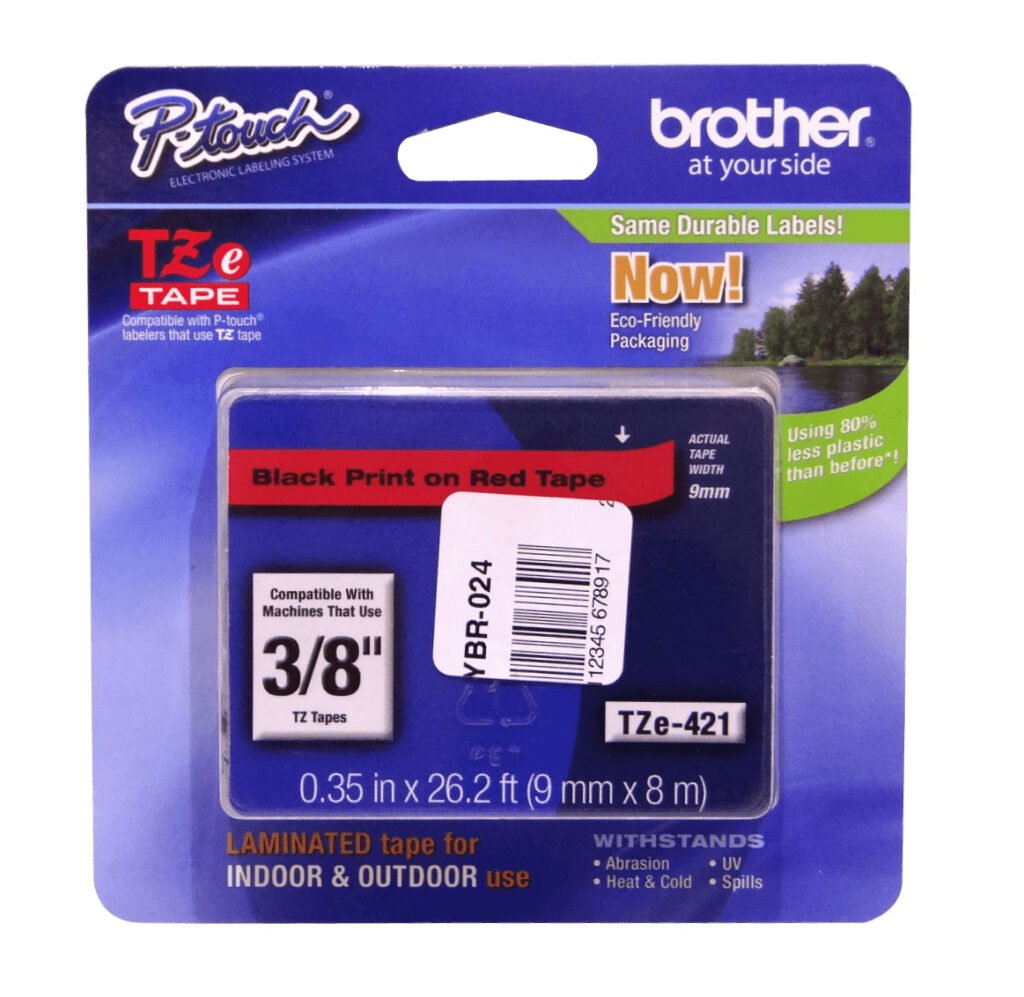 TZE-421 - BROTHER 9mm Negro en Fondo Rojo Cinta 8mt p/PT-H110/E300/E550/D600