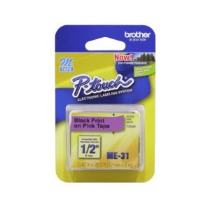 ME31 - BROTHER 12mm Negro en Fondo Rosado Cinta 8mt p/PT-90